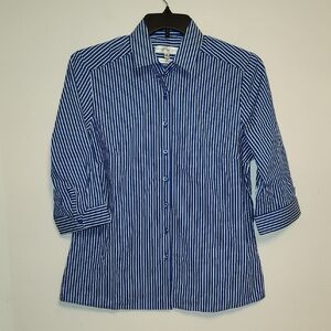 Biz Collection Blue White Striped 3/4 Sleeves Ladies Button Down Shirt size L